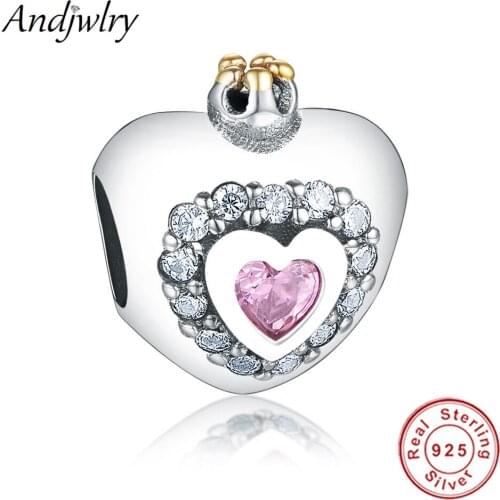 925 Sterling Silver Heart Charm With Pink Clear Cubic Zircon Fit Original Charm Bracelet Sliver 925 DIY Jewelry Berloque