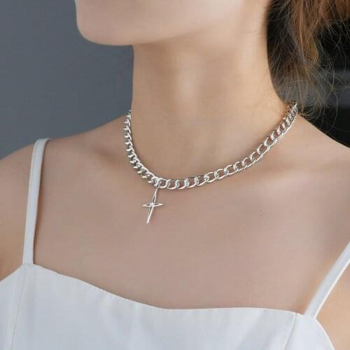 Acheerup New Fashion Necklace For Women Silver Color Cross Pendant Adjustable Thick Cuban Chain Neckace Jewelry Couple Gift