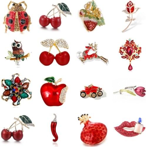 Antique Red Car Squirrel Owl Rose Flower Cat Bird Brooch Pins For Women Dress Scarf Collar Brooch Pins Jewelry