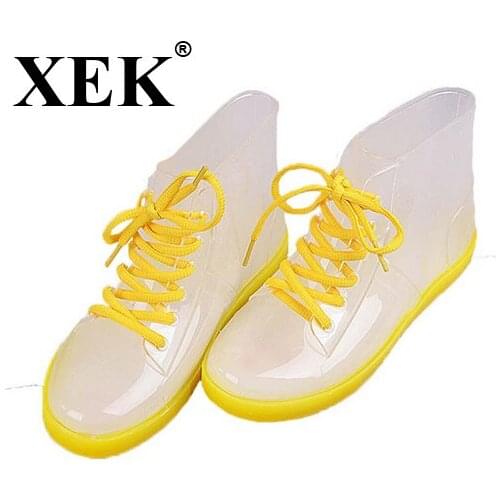 XEK Ankle Rain Boots British Fashion Platform Lace Up PU Waterproof Motorcycle Colorful Ankle shoes Boots Woman Shoes WFQ25