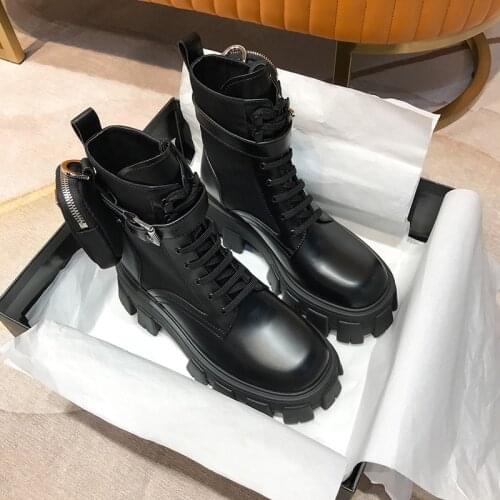 Black Punk Platform Motorcycle Boots Women Lace up Chunky Heel Boots Women Belt Buckle Designer Shoes Women