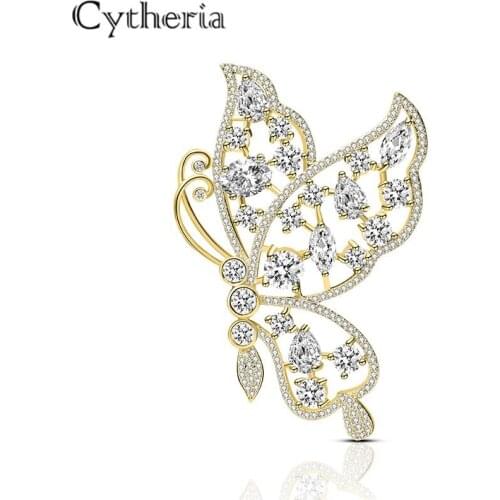 Cytheria luxury delicate crystal rhinestone golden butterfly design pins brooches for women jeans accessories