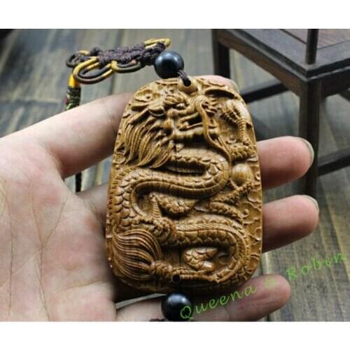 Wood Carving Chinese Knot Ancient Dragon Car Pendant Amulet Wooden Craft