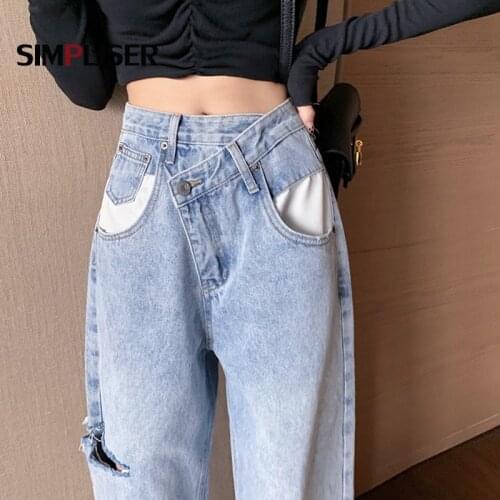 Designer Jeans Women High Waist Retro Straight Jeans Trousers 2021 Light Blue Female Loose Fashion Straight Pants Ripped Jeans