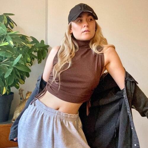 Women‘s Crop Top Corset Camisole Tank Solid Color Vest Sexy Half High Collar Drawstring Bandage Exposed Navel Bottoming