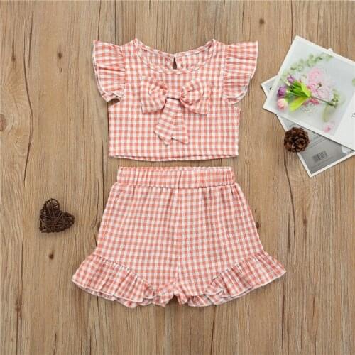2 Pieces Baby Girls Clothes Plaid O-Neck Fly Sleeve Tops with Bowknot+ Short Pants for Summer Kids Pink Outfits