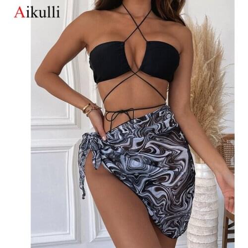 Sexy Halter Three Pieces With Skirt Bikinis Sets Swimsuit Women 2021 Summer Swimwear Beach Wear Female Brazilian Bathing Suits