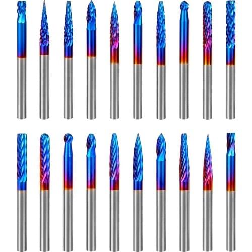 20pcs End Mill Engraving Bit Set Nano Blue Coat CNC Router Bits 1/8 Inch Shank Carbide Cutting Milling Cutter