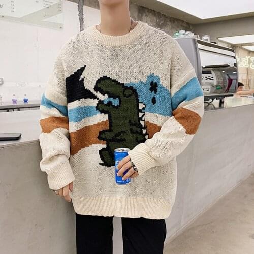 New Men Clothes Casual korean Style off white Cartoon Animal Pattern O-Neck couple Christmas student knitted sweater pullovers