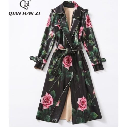 Qian Han Zi New Designer Fashion Flower Print Bright Leather trench coat Women long sleeve roses vintage Long Slim belt coat