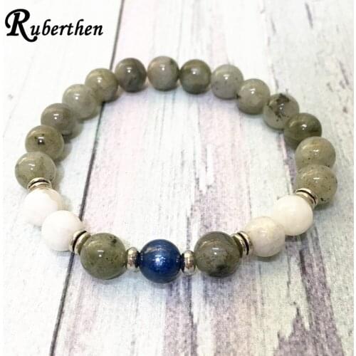 Ruberthen A Grand Labradorite Bracelet Natural 8 mm Moon Stone Energy Yoga Trendy Women`s AA Grade Kyanite Balance Bracelet