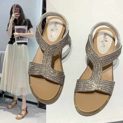 Elastic Band Solid Sandals Womens Outside Wear 2021 Summer New Style Flat Casual Rhinestone Beach Sandals for Women Rubber Sole