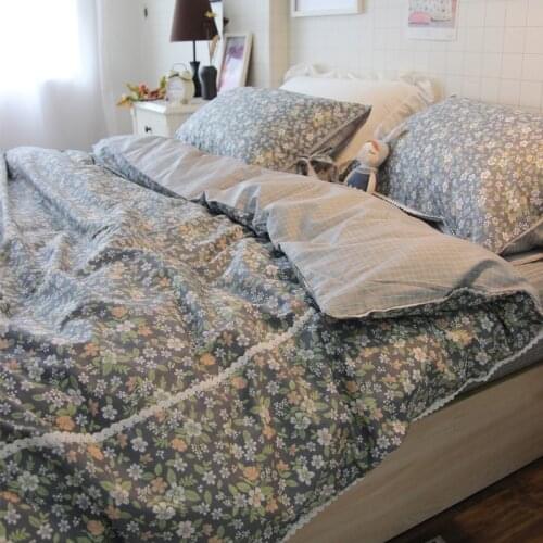 Grey lace Bedding Set super soft lovely girl room decoration Quilt Set sheet pillow case quilt cover