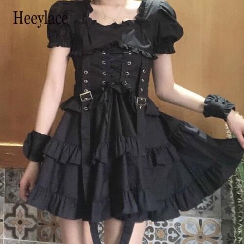 Japanese Women Black Gothic Lolita Dress Victorian Renaissance Retro Chic Punk Style Puff Sleeve Bandage Mini Dress Girl Dresses