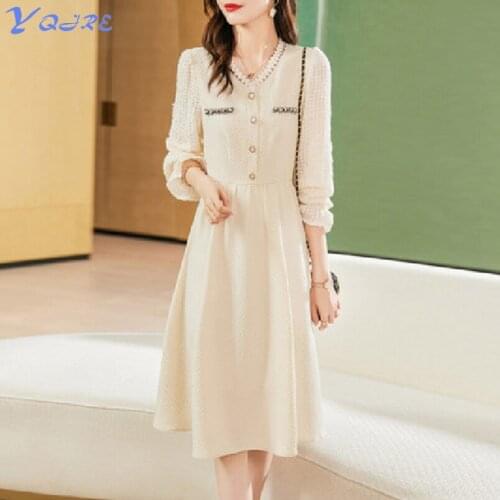 YQJRE Autumn new style casual long-sleeved ruffled V-neck office OL slim mid-length dress