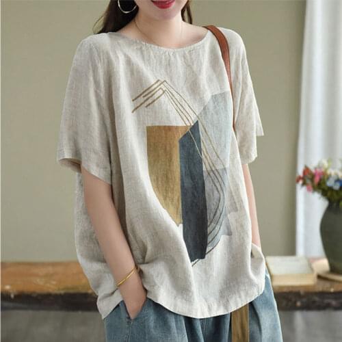 Cotton Linen Prints 2021 Short Sleeve O Neck 2021 New Summer Loose Big Size Fashion Women Blouse YoYiKamomo