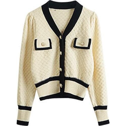 Hot Sale Chic Knit Womens Jacket Autumn Winter 2021 Korean Plaid Vintage V-Neck Short Cardigan Sweater Beige In Stock