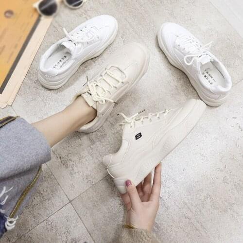 Womens Platform Sneakers, Casual White Sports Shoes, Fashion Clunky Sneaker (Round Toe, Lace Up, Rubber Sole)