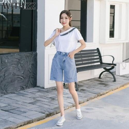 WITHZZ Spring Summer Womens Thin Denim High Waist Loose Straight Shorts Wide Leg Jeans