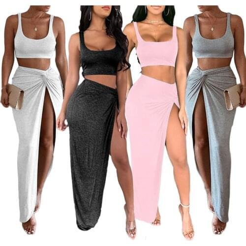 Sexy Party 2 Two Piece Set Women Slit Crop Top Twist Side Split Long Skirts Matching Sets Club Two Piece Outfits New 2021