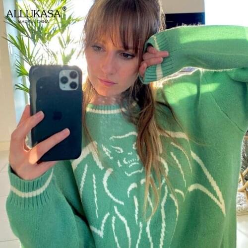 Womens Monster Pattern Knitted Sweater Fall/Winter Long Sleeve Loose Oversized Pullover Streetwear 2021College Wind Knitted Top