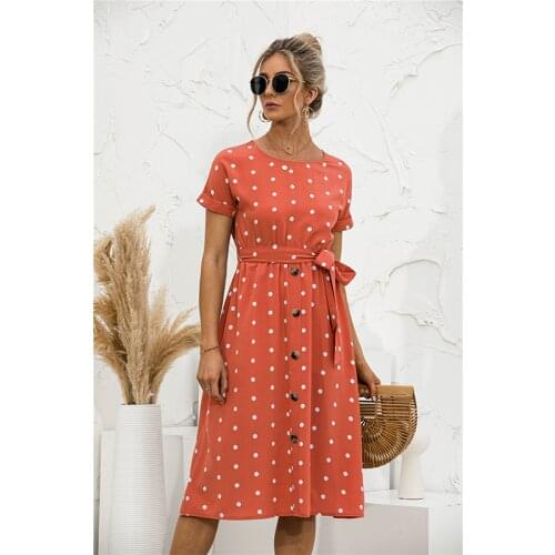 Ladies Summer Beach Polka Dot Breasted Casual Dress Short Sleeve Polka Dot Mid-length Dress Elegant Feminine O-neck Dress Waist