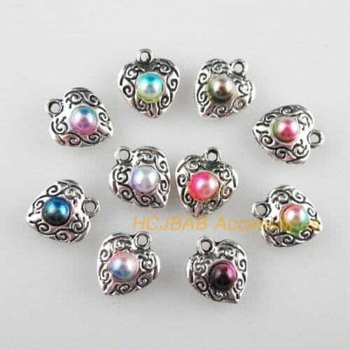 20 New Heart Charms Mixed Acrylic Flower Pendants Tibetan Silver Tone 10x11.5mm