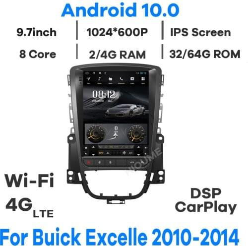 4core Android 10.0 Tesla Screen Car Multimedia Player GPS For Opel Astra J Buick Excelle 2009-2015 Radio Stereo 4G LET Carplay