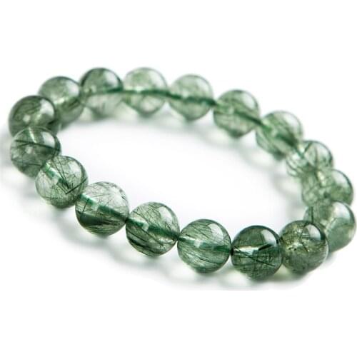12mm Brazil Natural Green Rutilated Quartz Crystal Clear Round Bead Bracelet