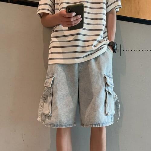 Tooling Denim Shorts Male Korean Summer Thin Wild Loose Loose Five-point Pants Jeans High Street Trend Streetwear Hip Hop