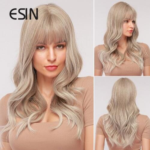 Inhaircube Ombre Brown Blonde Synthetic Wigs with Bangs Long Layered Natural Wave Cosplay Heat Resistant Hair For Women Midpart