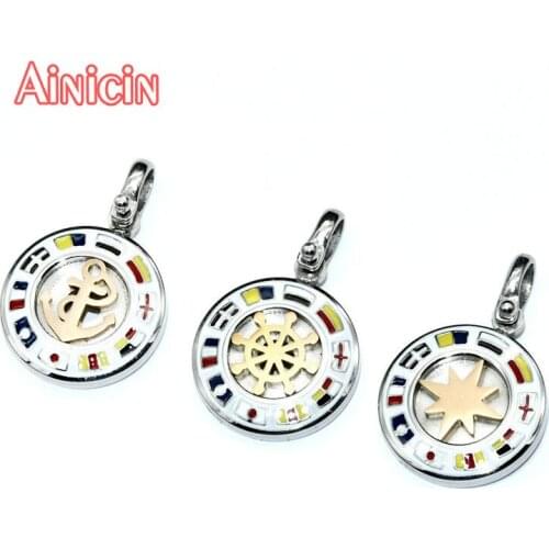 European National Flag 316L Stainless Steel Round Coin Pendant Necklace Anchor Wheel Compass Pendente Collana For Men Jewelry