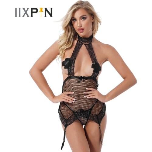 Womens Erotic Lingerie Set See-through Net Lace Up Open Back Halter Catsuit with Suspender Garter Belts and G-String Panties