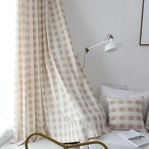 Korean Pastoral Fresh Coffee Color Pink Lattice Curtains Simple Blackout Curtains for Living Room and Bedroom