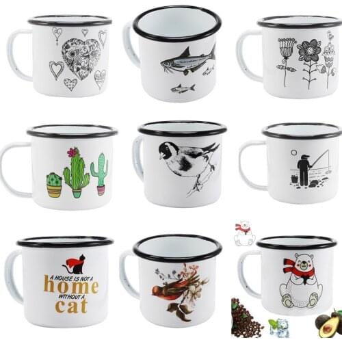 350 ml Enamel Coffee Mug Creative Animal Plant Breakfast Cup Black Roll Rim with Handgrip Milk Tea Cup free shipping