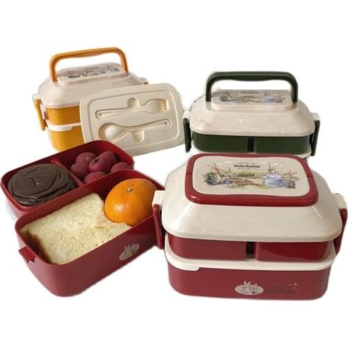 Retro Cute Rabbit Lunch Box Japanese Double-layer Compartment Student Portable Lunch Box Couple Small Lunch Box Practical