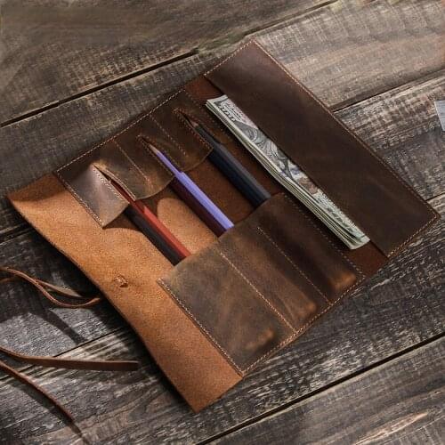 Retro Crazy Horse Cowhide Multifunctional Pen Pouch Leather Pencil Case