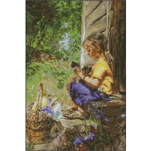 Little girl sitting at the door of the house Counted Cross Stitch 11 14 18CT DIY Cross Stitch Kits Embroidery Needlework Sets