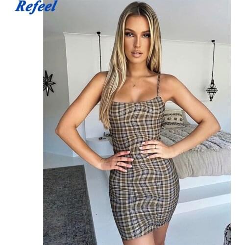 New Arrival Women Tube top short dress check print tight-fitting suspender mini dress sideways zipper closure