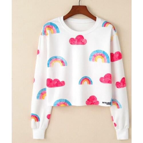 Autumn New Round Collar Set Cartoon Cloud Rainbow Print Womens Long-sleeved Short Fashionable hoodies