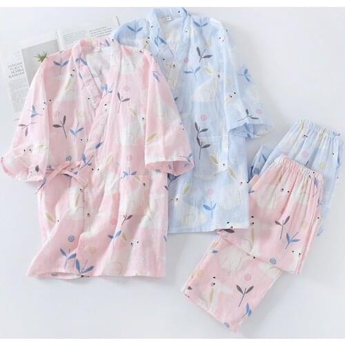 Spring/summer Women Pajamas Pure Cotton Gauze Refreshing Rabbit Japan Kimono Robe Sets Ladies Sleepwear Loose Comfy Home Clothes