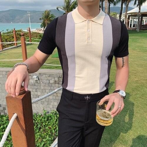 2021 Summer Knitted POLO Shirts Men Gradient Business Formal Social Polos Short Sleeve Casual Slim Streetwear Polo Tops Hombre