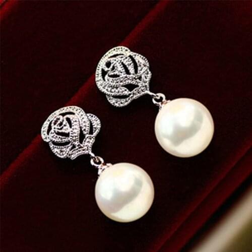 1Pair Pearl Earrings Crystal Rose Flower Classic Luxury Wedding Earrings Charm Elegant Eardrop For Women Engagement Gift