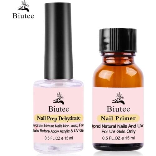 Biutee 15ML Nail Prep Dehydrator And Nail-Primer Set Free Grinding Nail Art Gel Nail Polish Tool No Need Of UV LED Lamp BaseCoat