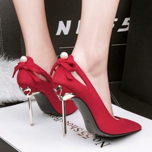 High Heels Hollow Bow pearl Shoes Women Pumps Office Lady Pointed Toe Flock Sexy 10 cm Wedding Sapato Feminino