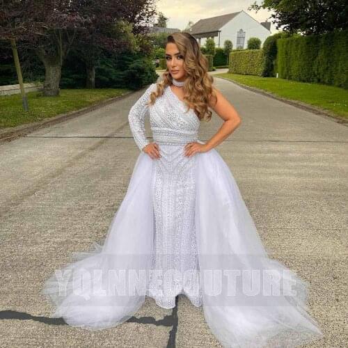 YQLNNE White One Shoulder Lace Pearls Evening Dresses Long Sleeve High Neck Beaded Mermaid Wedding Party Gown For Women
