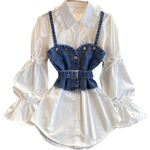 Retro early spring Women White Shirt 2021 female design sense niche bubble sleeve loose wild denim camisole two-piece stack