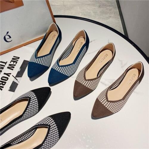 2021 Woman Knit Pointed Shoes Soft Pregnant Zapatos De Zapatillas Mujer Moccasin Femme Womens Flat Ballet Mixed Color Chaussure