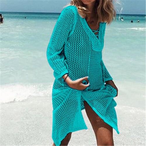 Lace Up Knitted Hollow Out Beach Dress Tunic 2019 Summer Women Bikini Cover Up Crochet Long Sleeve Dress Swimsuit Cover Ups