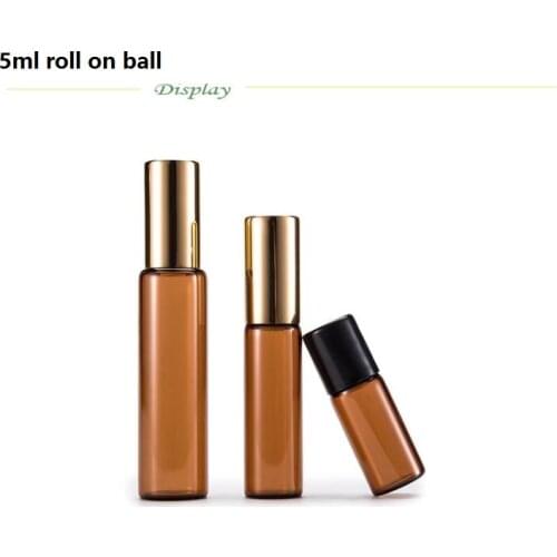50pcs Small Min Eye Massage Roller Brown Essential Oil Jar Glass Roll On Ball Bottle With Stainless Steel Roller Ball 5ml